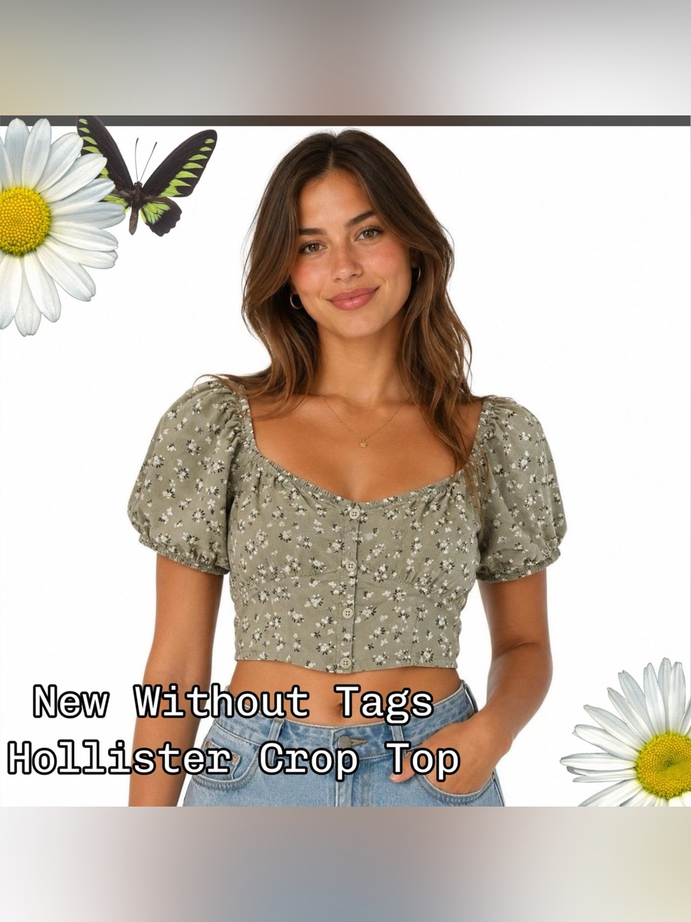 NWOT Hollister Olive Green Floral Puff-Sleeve Crop Top